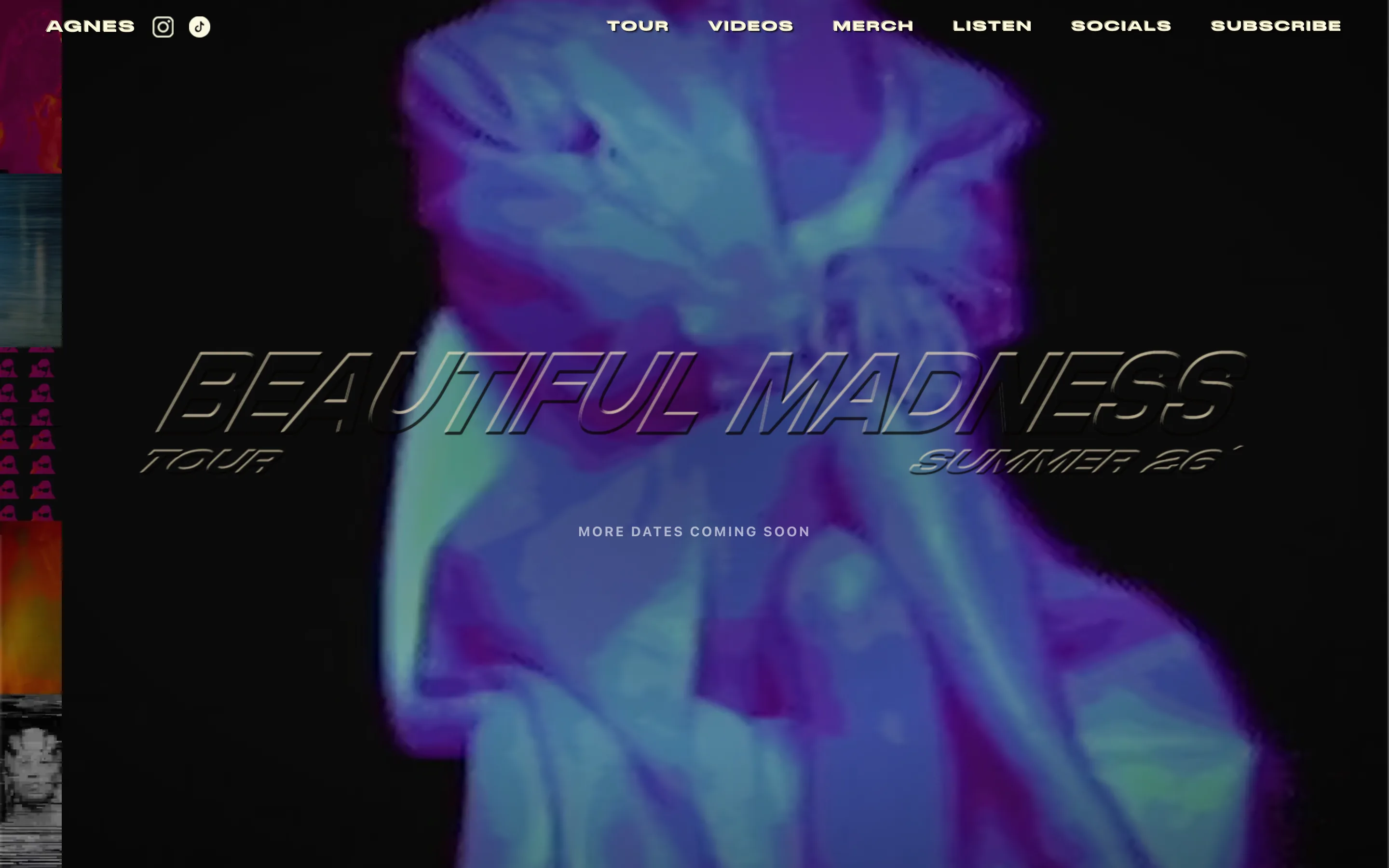 Tour page: Beautiful Madness tour dates over a looping video