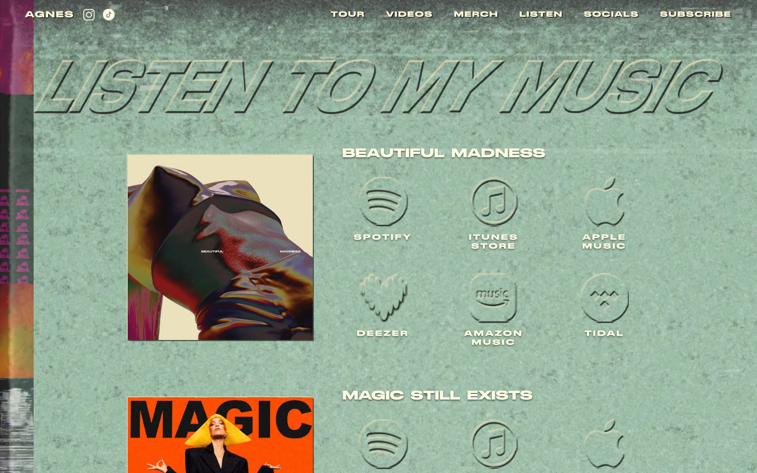 Listen page: each release with its streaming links, the type set in bevelled chrome over a green paper texture