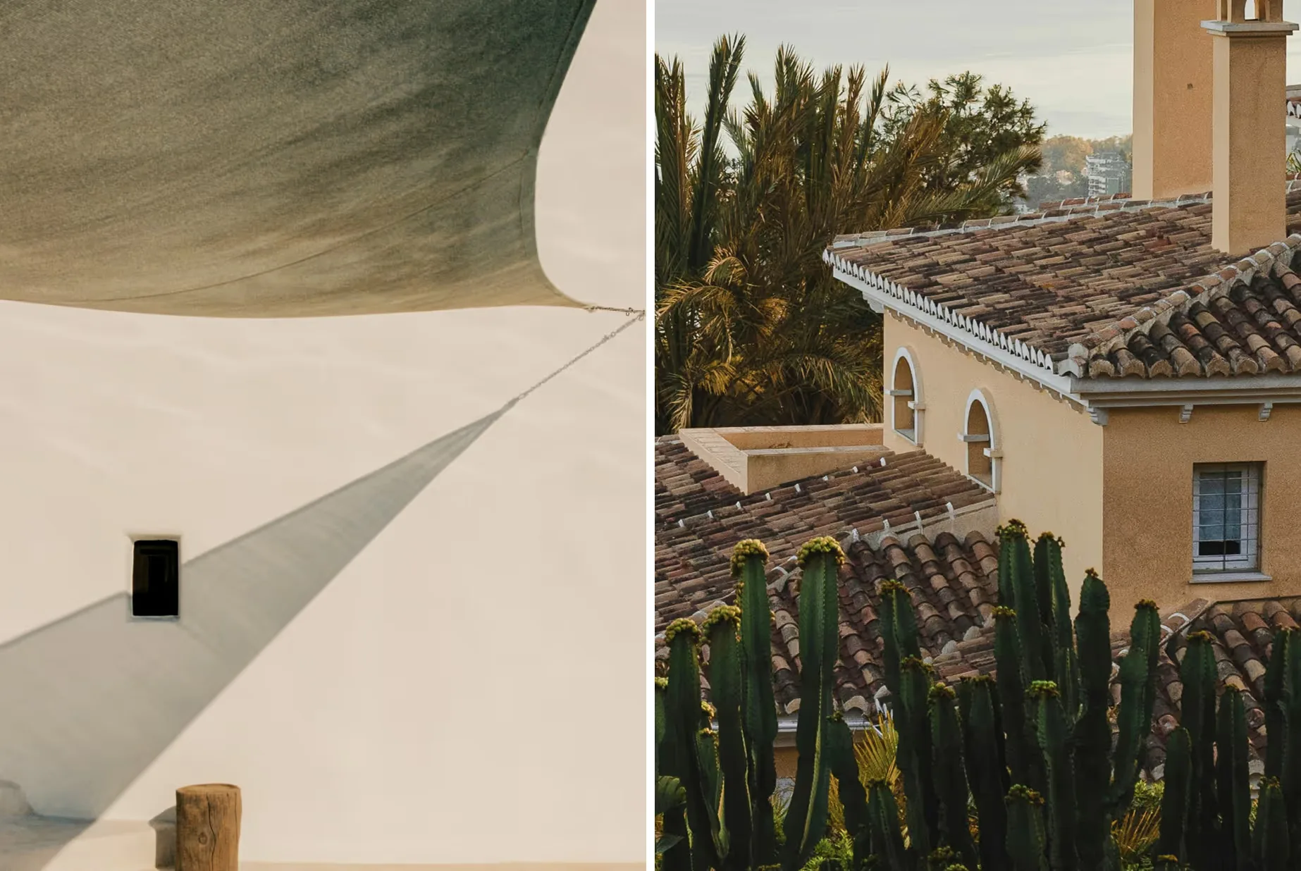 Bailet imagery: shade sails over white walls, and a Mediterranean villa among cacti