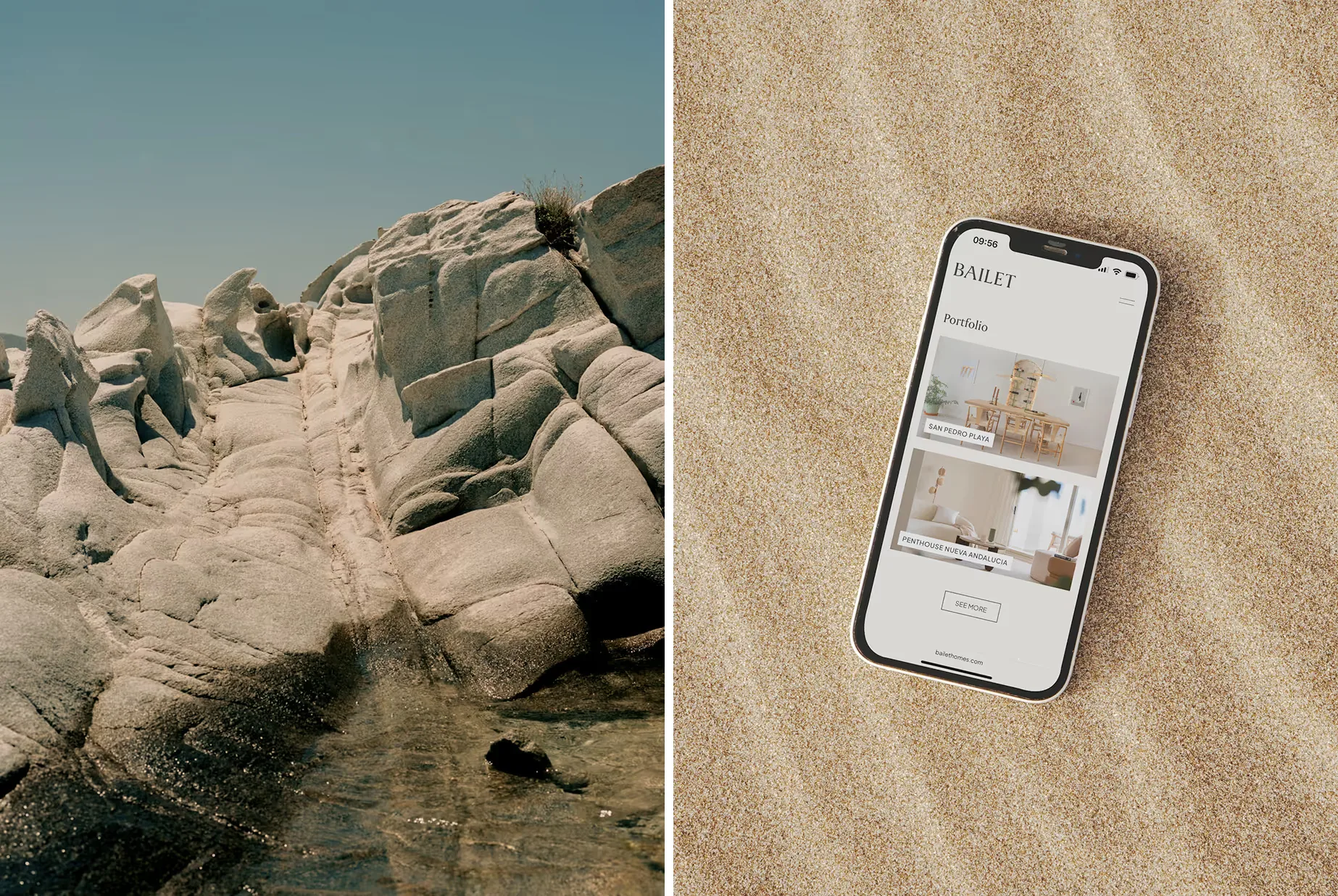 Coastal rock formations, and the Bailet website on an iPhone in the sand