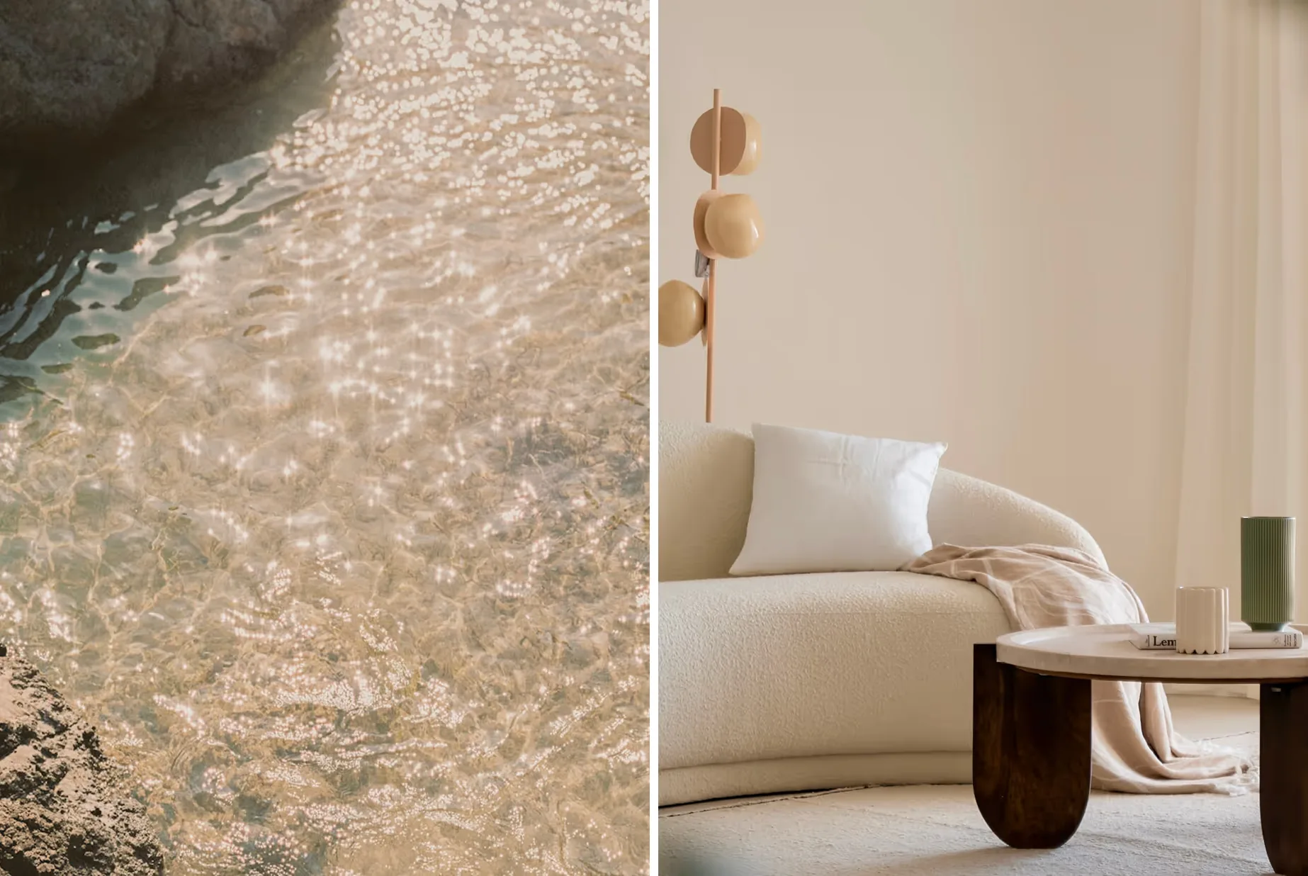 Light on water, and a calm interior in sand and olive tones