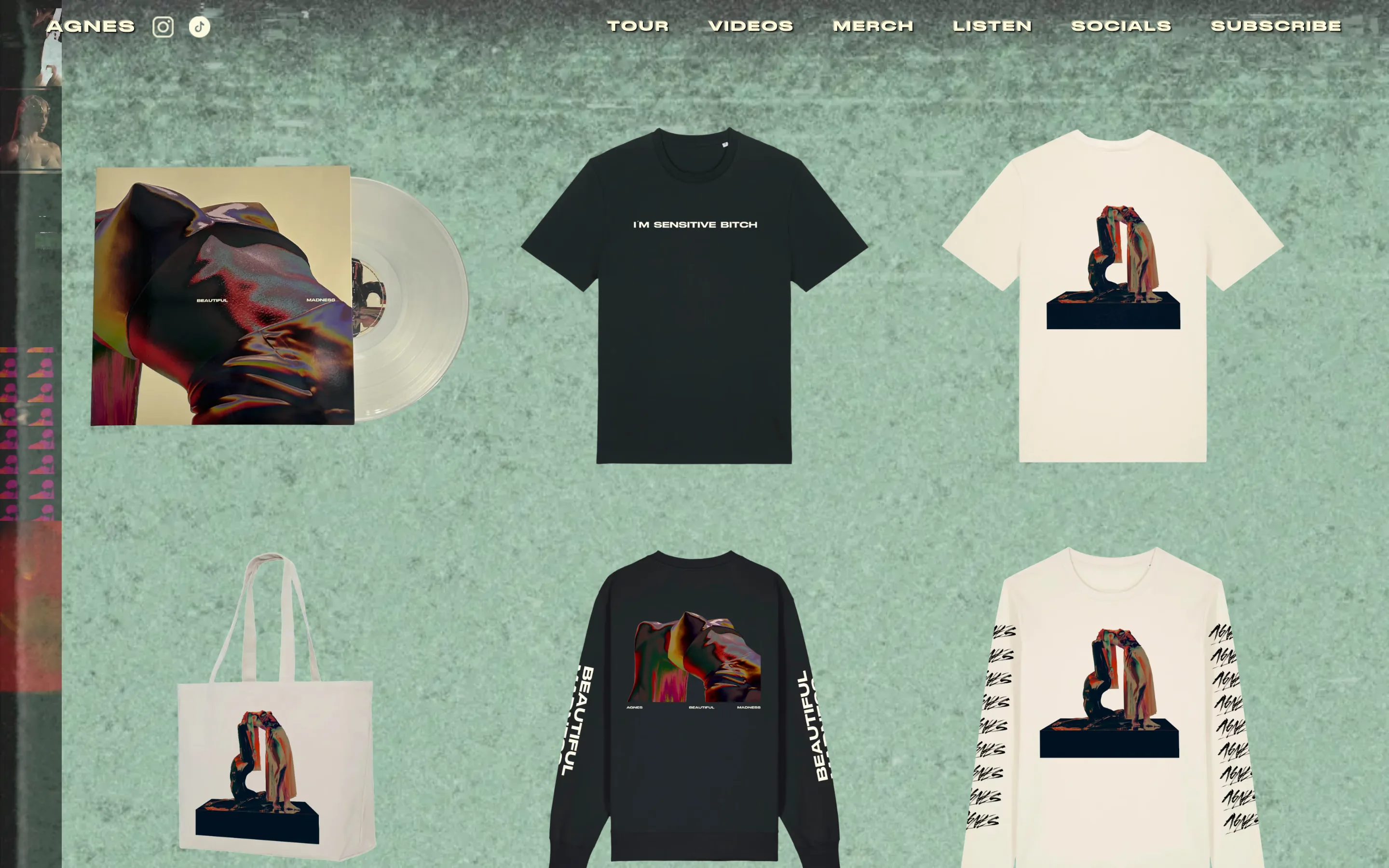 Merch page: the shop grid, each product opening its own page
